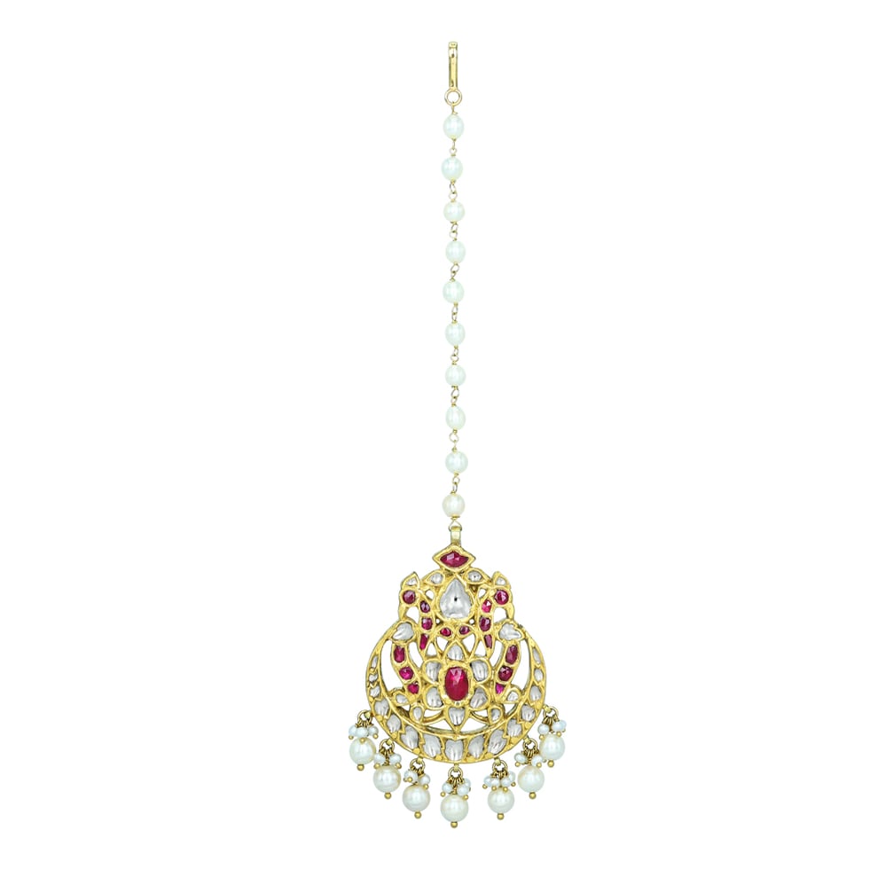 Mangtikka with Red Stones and Pearl Drops